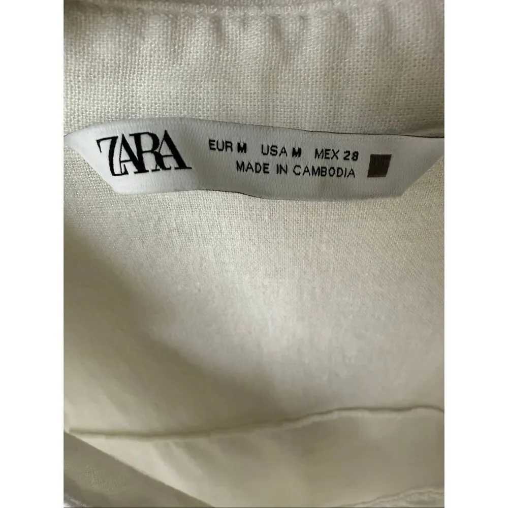 ZARA White Linen Blend Eyelet Long Sleeve Crop Top Size M